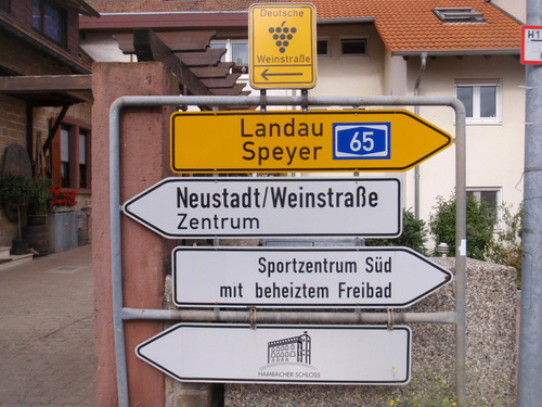 Signage for the Hambach Area, Hambacher Schloss, and Weinstraße.